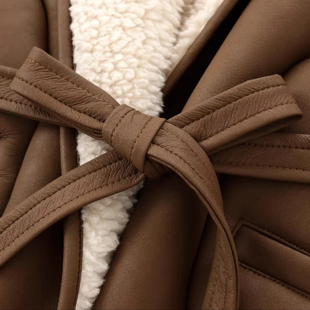 A&A Brown Shearling Lined Faux Leather Coat with Laced Up Shoulders