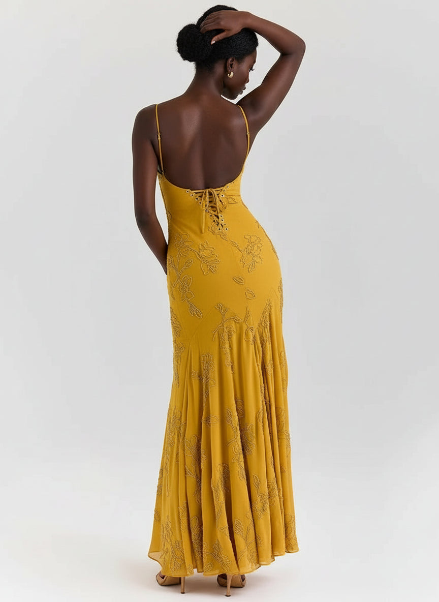 A&A Luxe Spaghetti Strap Backless Mustard Maxi Dress