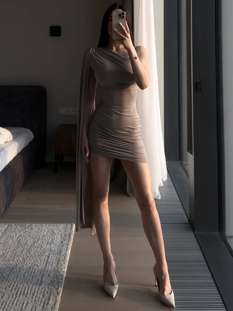 A&A One Shoulder Draped Mini Dress with Side Cape Detail