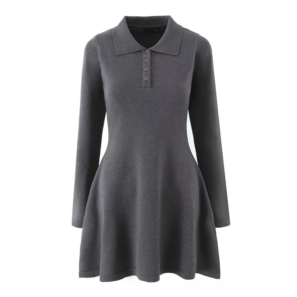 A&A Charcoal Long Sleeve Knit Polo Mini Dress