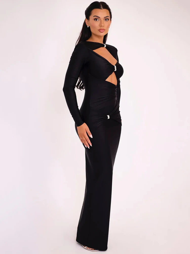 A&A Elegant Hollow Cut Out Long Sleeve Maxi Dress