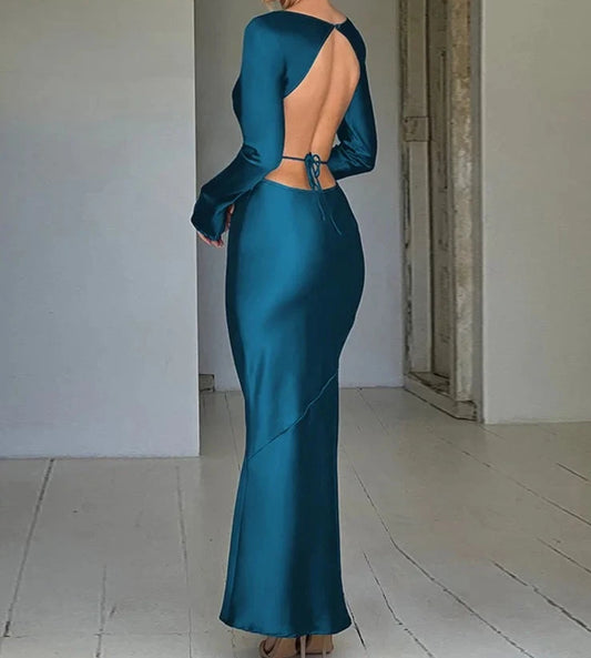 A&A Satin Backless Cut Out Lace Up Maxi Dress