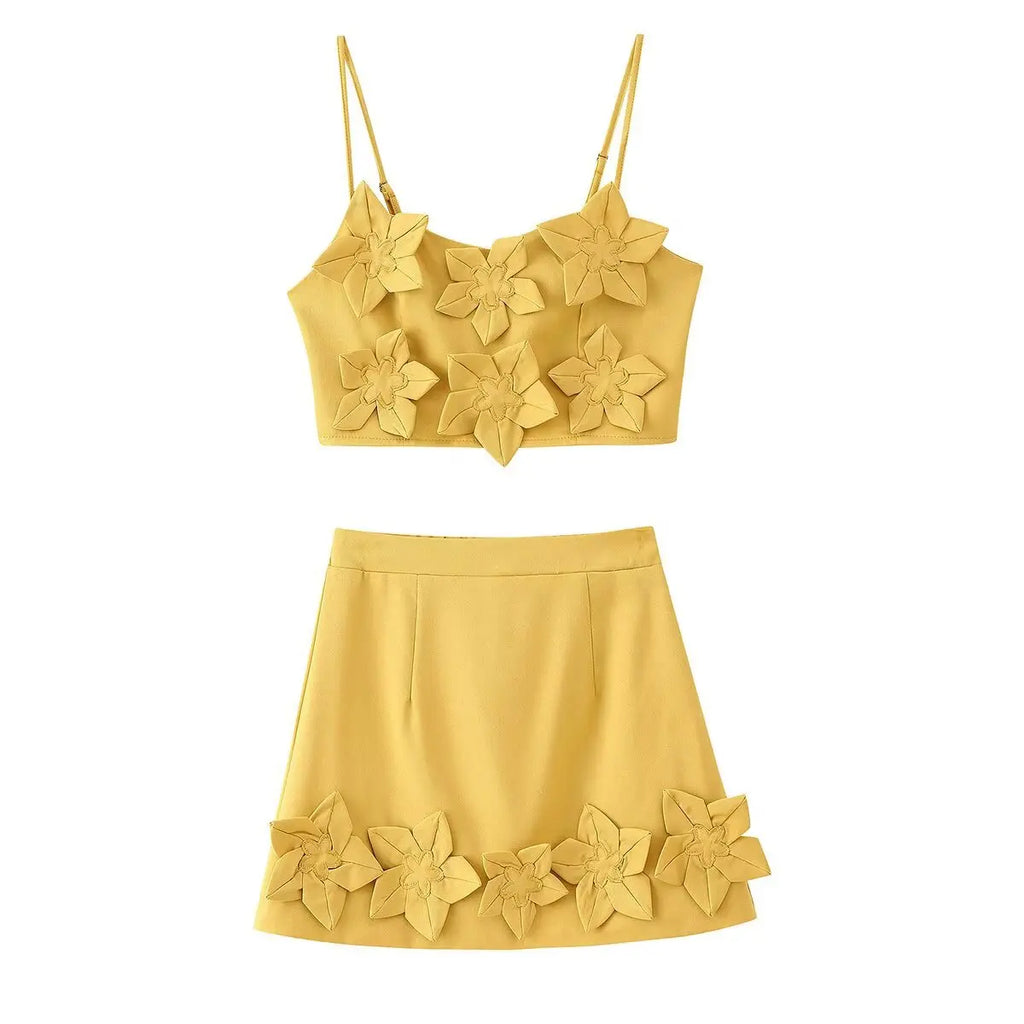 A&A Yellow Flower Appliqué Crop Top & Skirt Set