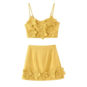 A&A Yellow Flower Appliqué Crop Top & Skirt Set