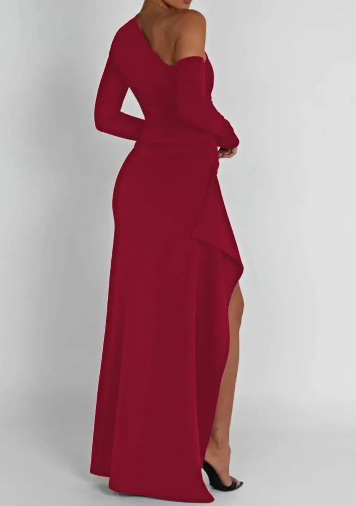 A&A Luxe Oblique Shoulder Thigh High Split Maxi Dress