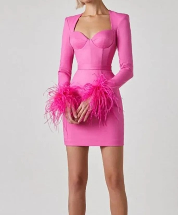 A&A Luxe Long Sleeve Feathers Mini Bodycon Bandage Dress