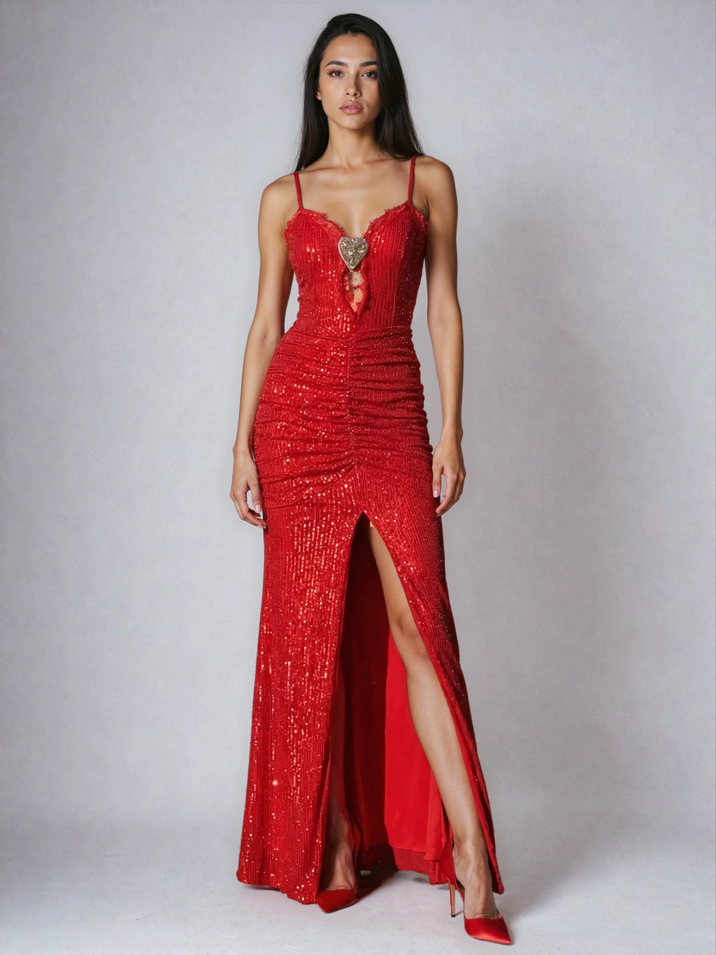 A&A Diamanté Ruched Thigh High Split Maxi Dress