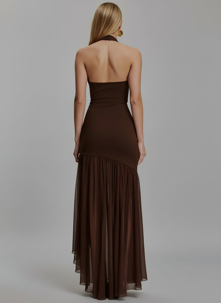 A&A Luxe Halter Neck Cut Out Mesh Maxi Dress