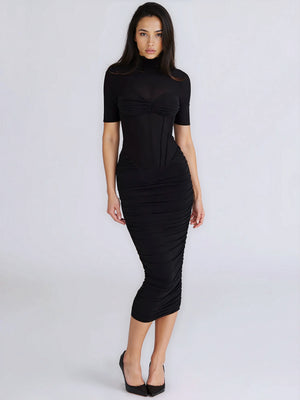 A&A Turtleneck Short Sleeve Black Sheer Midi Dress