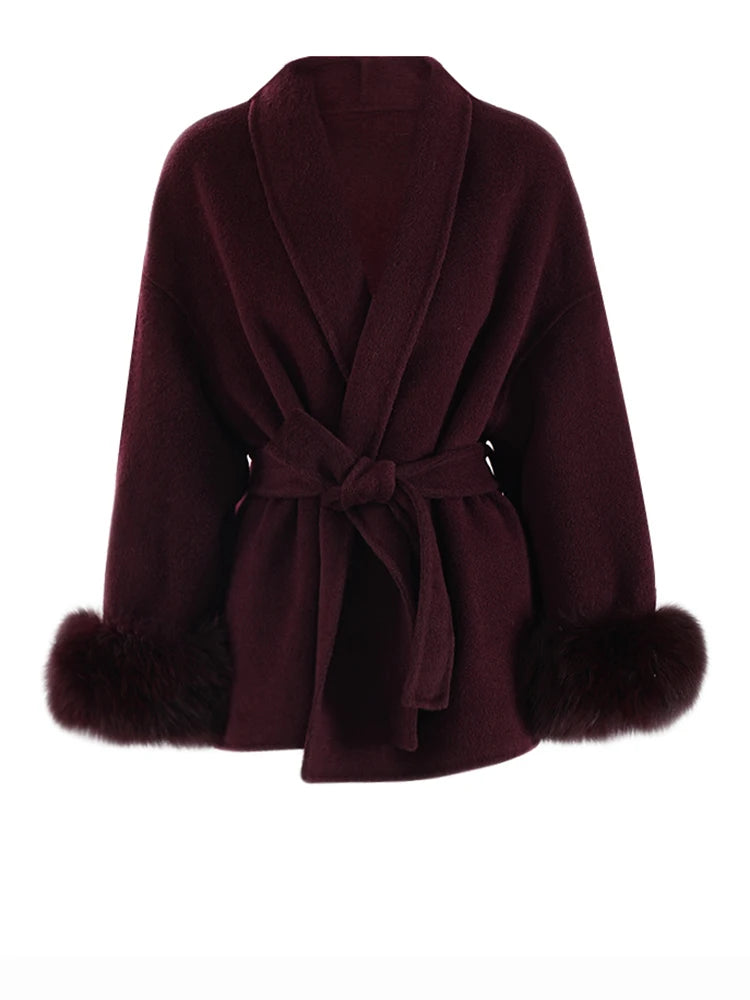 A&A 100% Wool Fur Trim Long Sleeve Coat