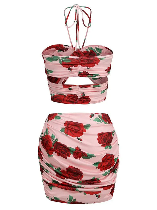 A&A Luxe Floral Mini Bodycon Two Piece Halterneck Skirt Set