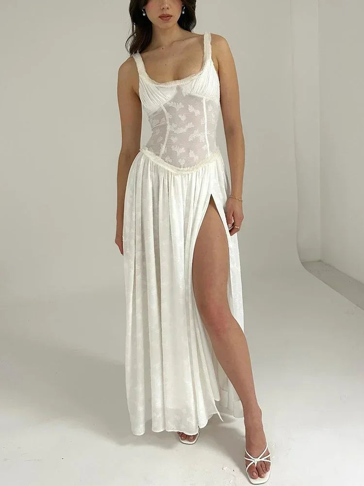 A&A Summer High Slit Mesh Embroidered Maxi Dress