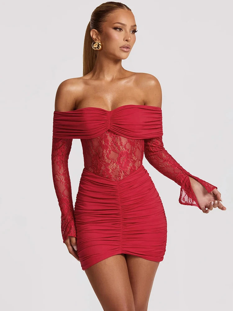 A&A Off-shoulder Long Sleeve Lace Ruched Mini Dress