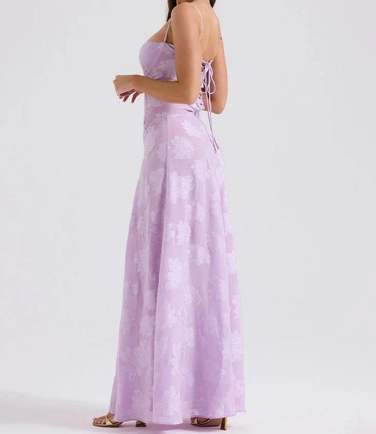 A&A Lace Floral Spaghetti Strap Sheer Sleeveless Lilac Dress