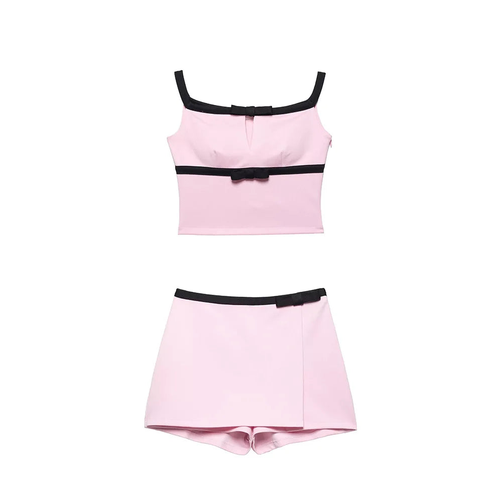 A&A Aleya Pink Camis Bow Embellished Square Neck Top & Mini Skirt