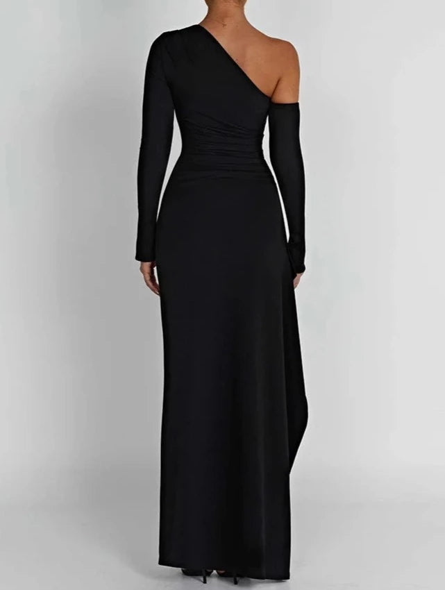 A&A Luxe Oblique Shoulder Thigh High Split Maxi Dress