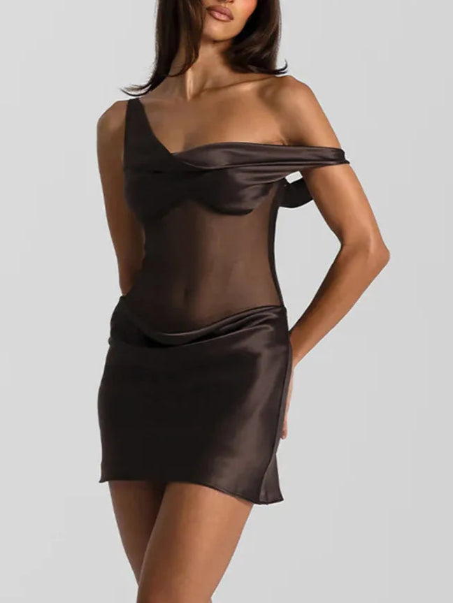 A&A Off Shoulder Satin Sheer Mini  Bodycon Dress