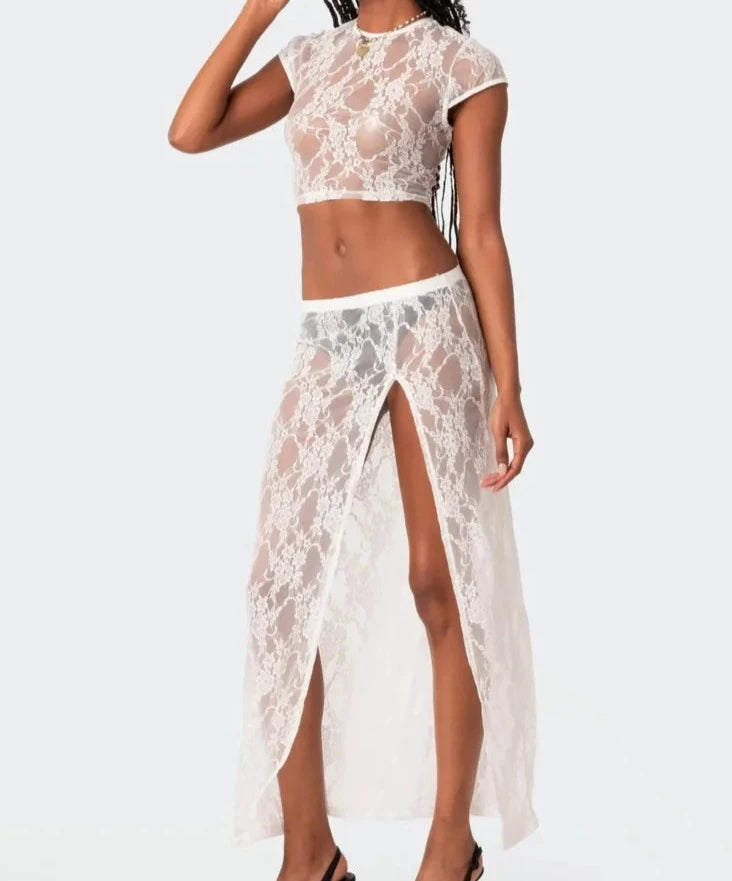 A&A Lace Sheer Two Piece Set Crop Top And Side Split Maxi Skirt