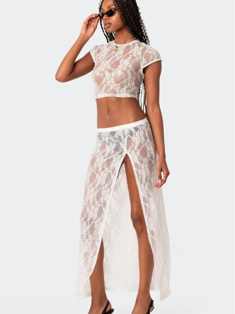 A&A Lace Sheer Two Piece Set Crop Top And Side Split Maxi Skirt