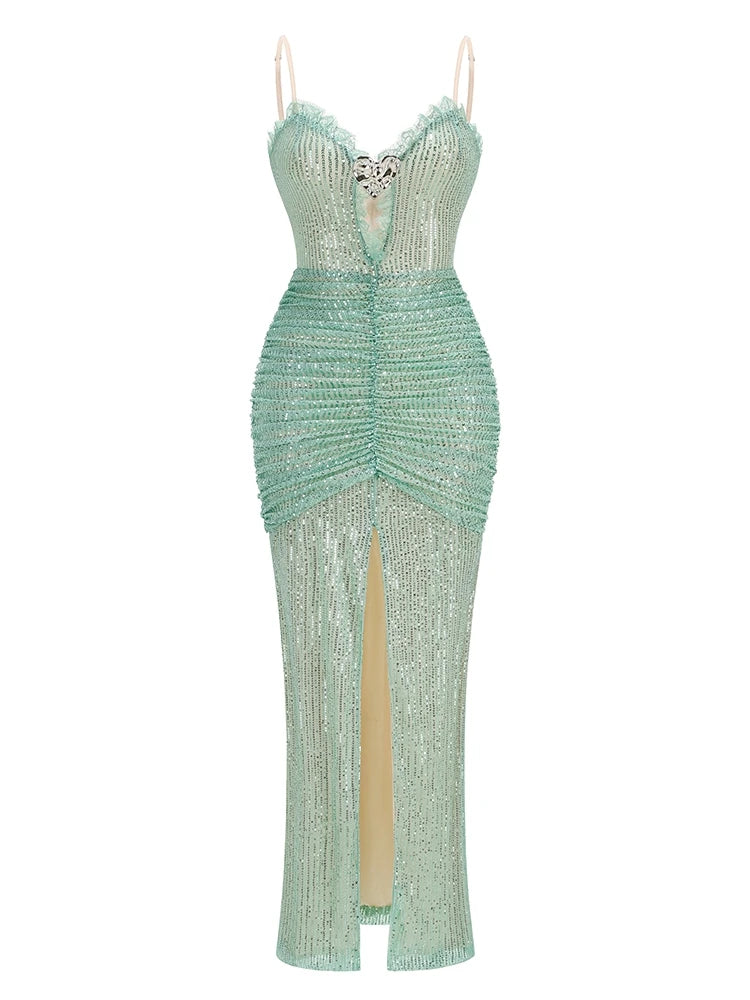 A&A Diamanté Ruched Thigh High Split Maxi Dress