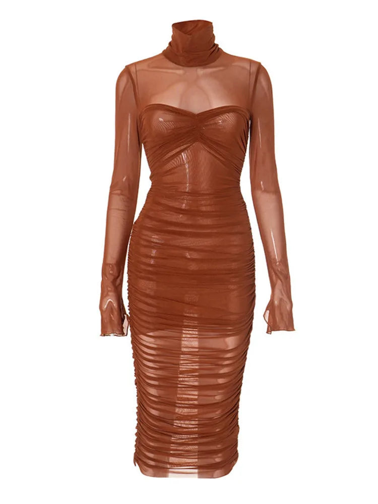 A&A Ruched Burnt Orange Mesh Midi Dress