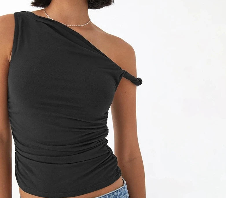 A&A Asymmetric Ruched Off Shoulder Crop Top