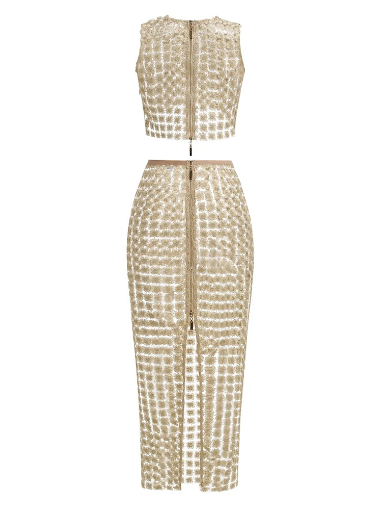 A&A Luxe Champagne Gold Embellished Two Piece Set Crop Top & Maxi Skirt