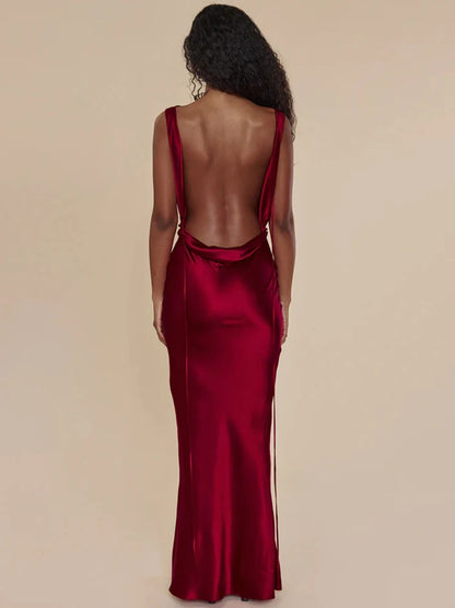 A&A Luxe Plunging Back Cowl Lace Up Satin Silk Maxi Dress