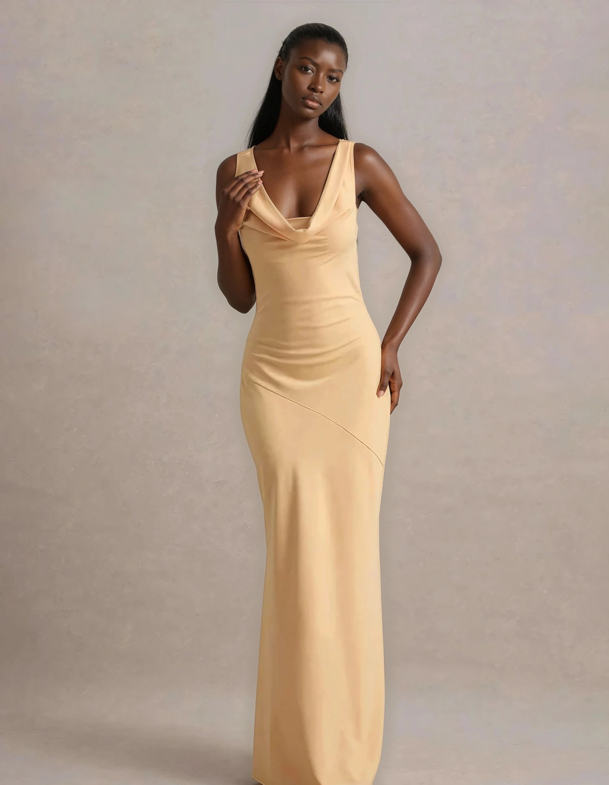 A&A Luxe Cowl Neck And Backless Satin Maxi Dress