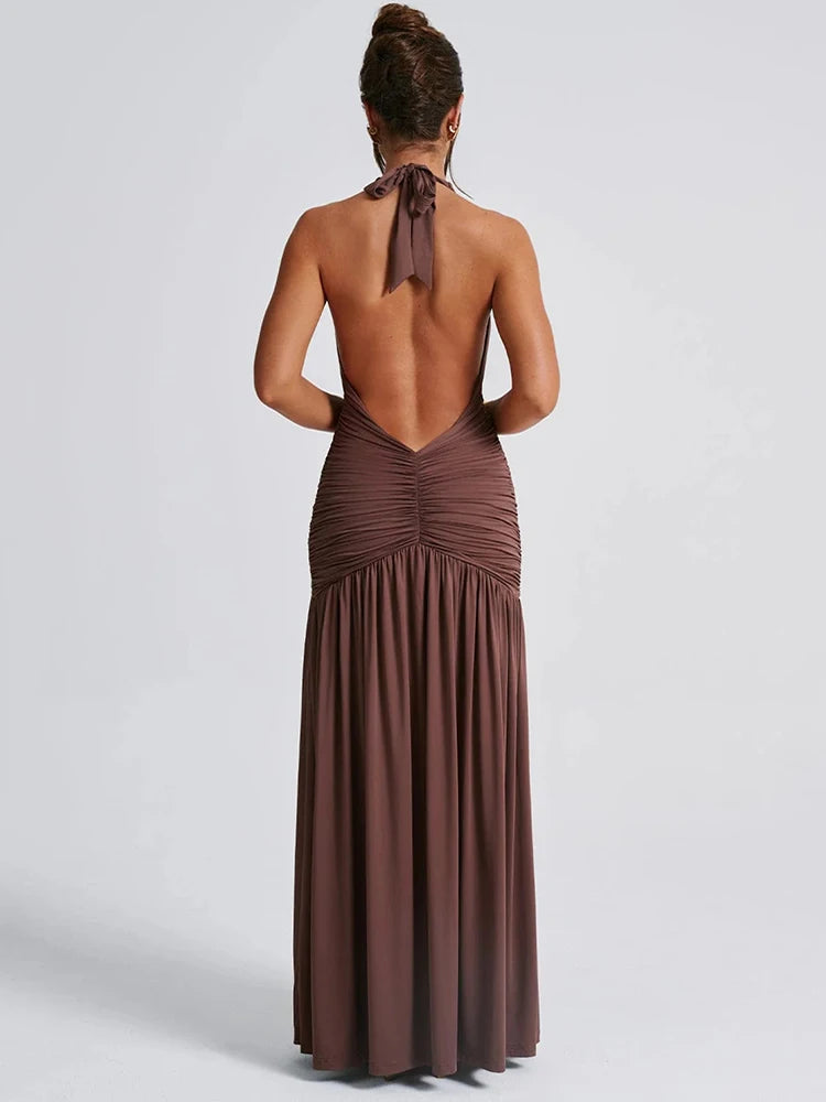 A&A Halter Plunge Neck Backless Thigh Split Maxi Dress