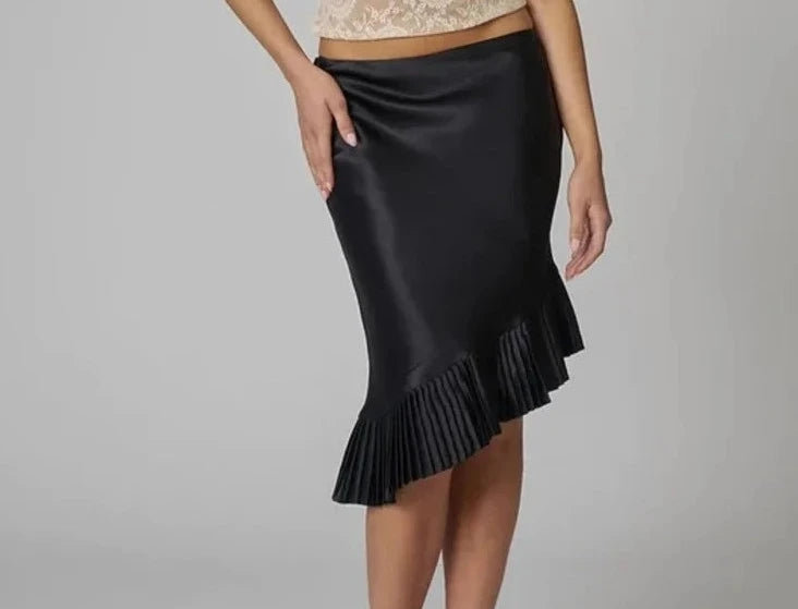 A&A Satin Ruched Bottom Pleat Midi Skirt