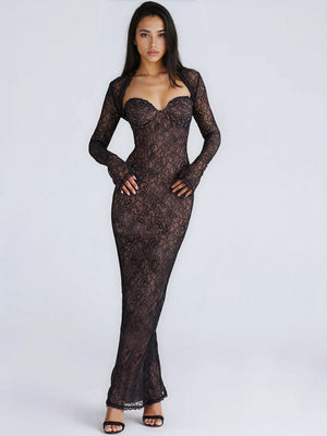 A&A Black Lace Bodycon Evening Maxi Dress