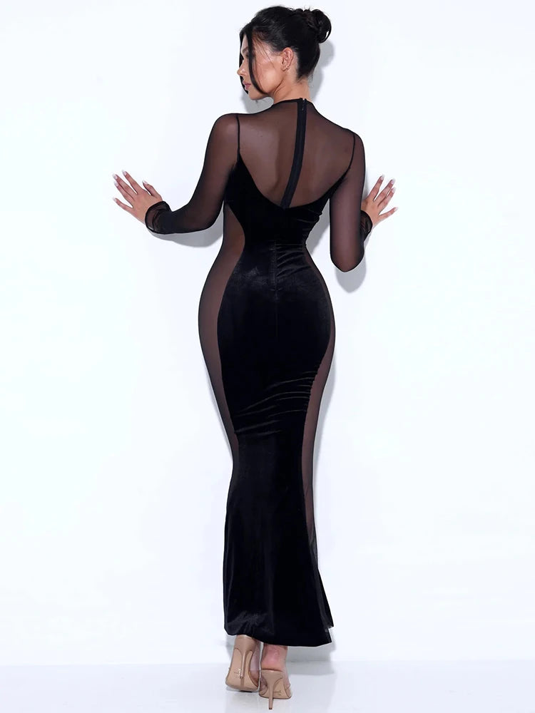 A&A Velvet Mesh Long Sleeve Maxi Dress