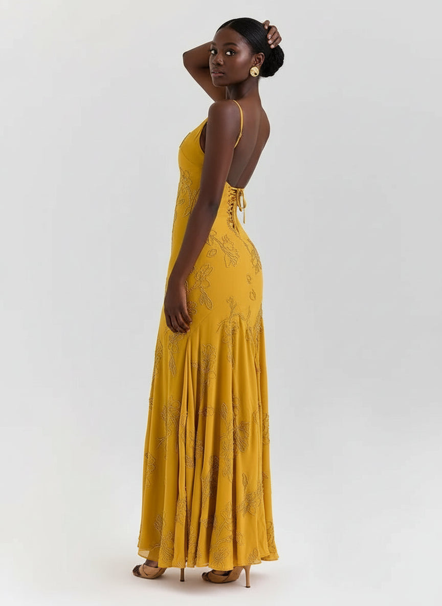 A&A Luxe Spaghetti Strap Backless Mustard Maxi Dress