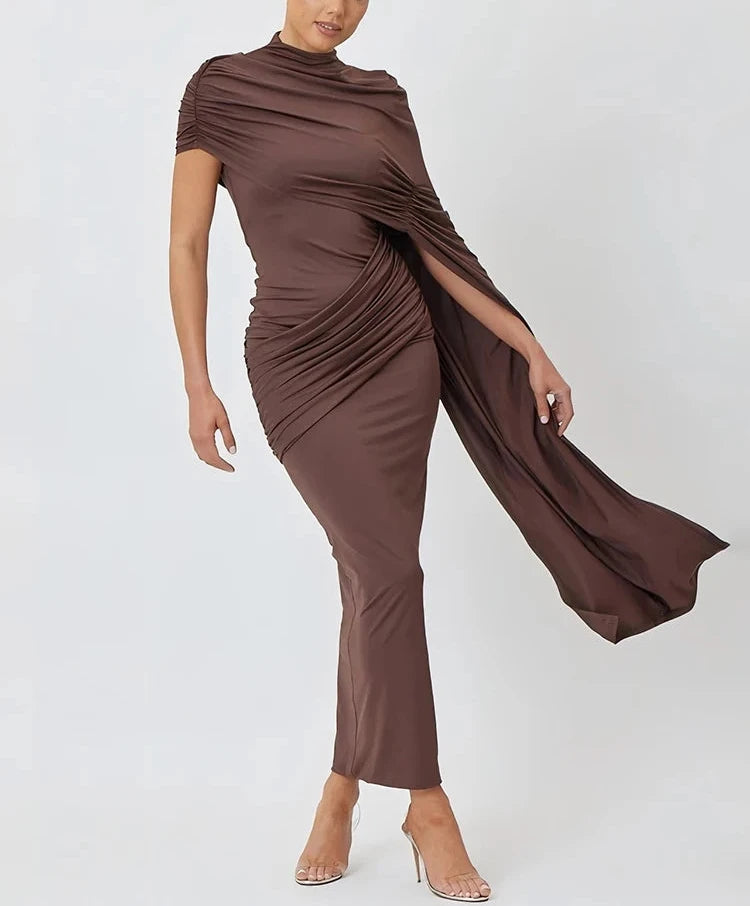 A&A Ruched Elegant Short Sleeve Draped Dress