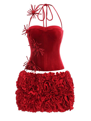 A&A Luxe Rose Corset Top & Ruffle Floral Mini Skirt Set