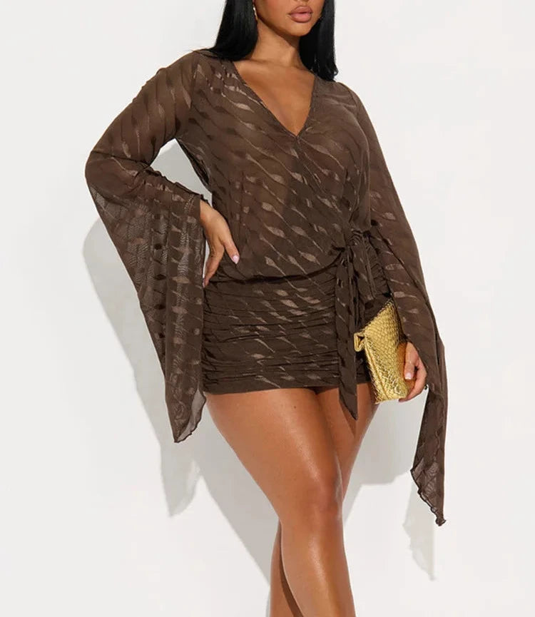A&A Brown Sheer Long-Sleeve Tie-Waist Mini Dress