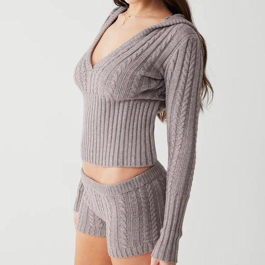 A&A It Girl Knitted 2 Piece Set Cropped Sweater and Shorts