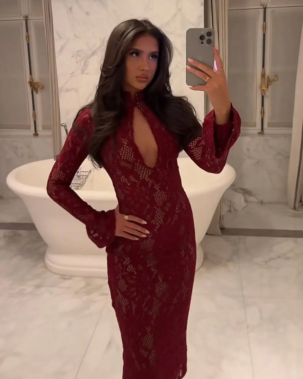 A&A Lace Cut Out Long Sleeve Midi Bodycon Dress