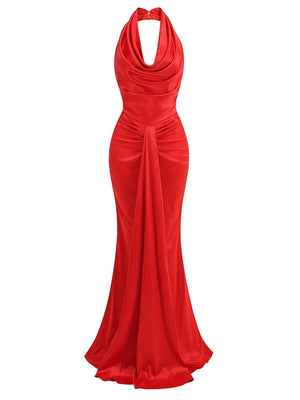 A&A Luxe Halter Pleat Backless Maxi Gown Dress