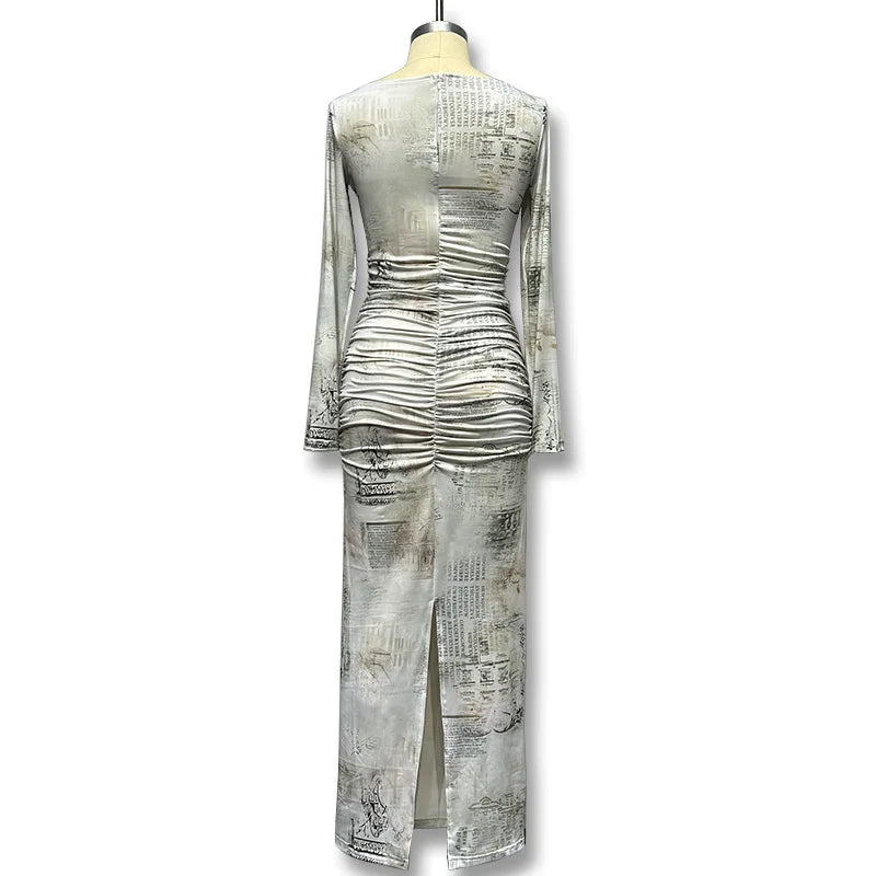 A&A Elegant Long Sleeve Print Slit Bodycon Maxi Dress