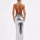 A&A Metallic Backless Cowl Neck Maxi Dress