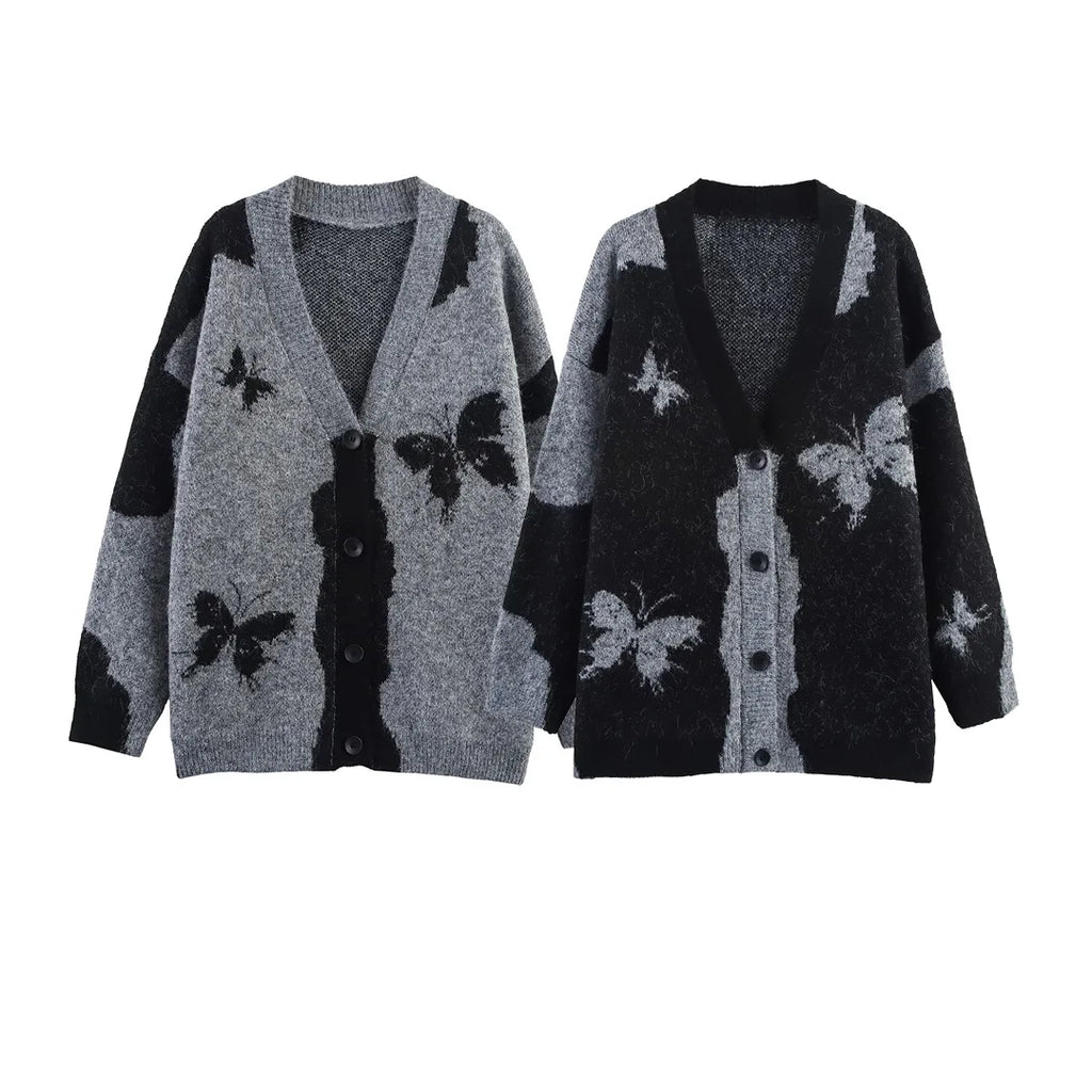 A&A Grey & Black Butterfly Knit Cardigan