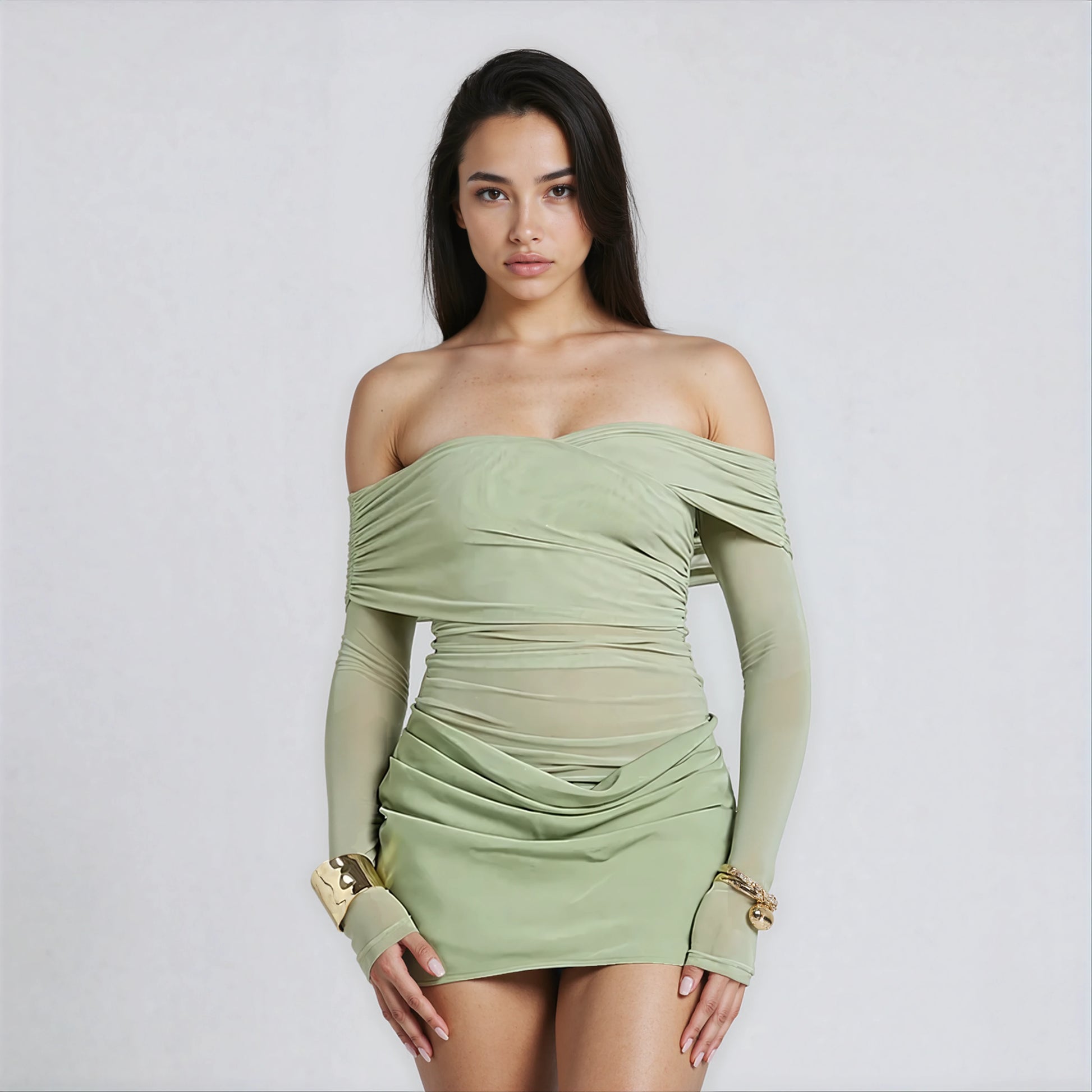 A&A Off-Shoulder Mesh Rushed Long Sleeve Bodycon Mini Dress
