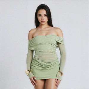 A&A Off-Shoulder Mesh Rushed Long Sleeve Bodycon Mini Dress