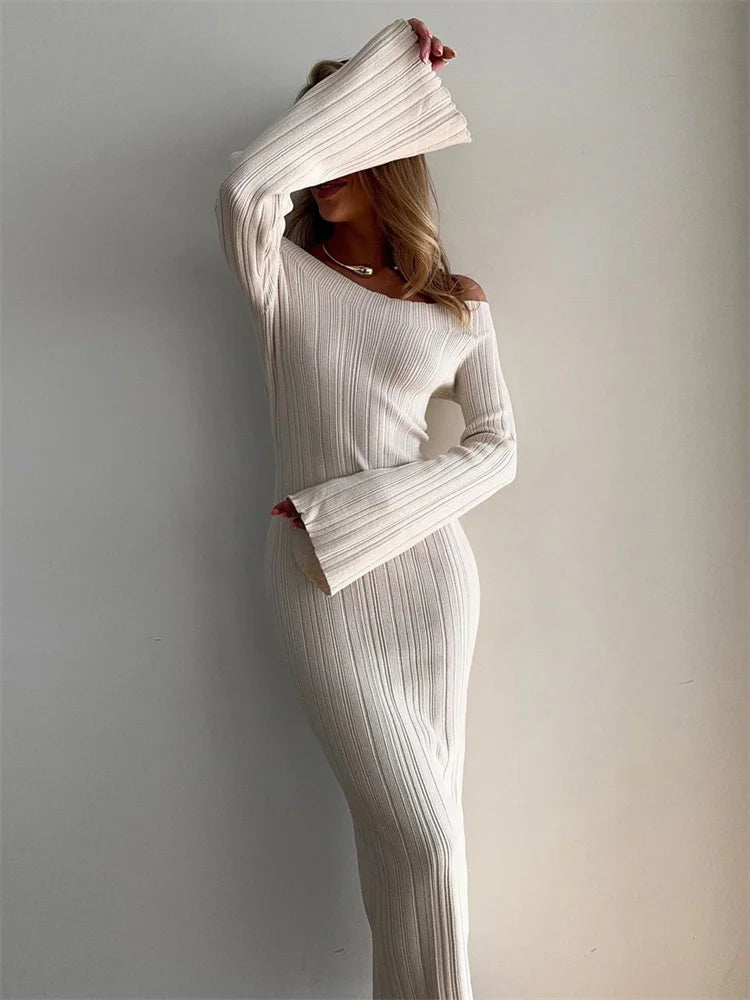 A&A Elegant Long Sleeve Ribbed Off-Shoulder Maxi Dress