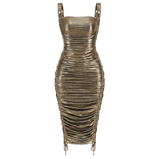 A&A Luxe Strap Dress Gold Side Cross Hollow Midi Dress