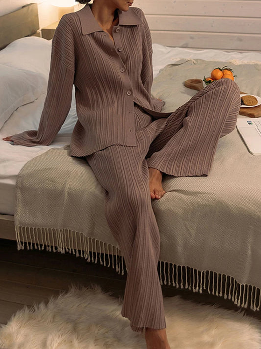 A&A Luxe Knitted Pleat Sweater Two Piece Pants Suit
