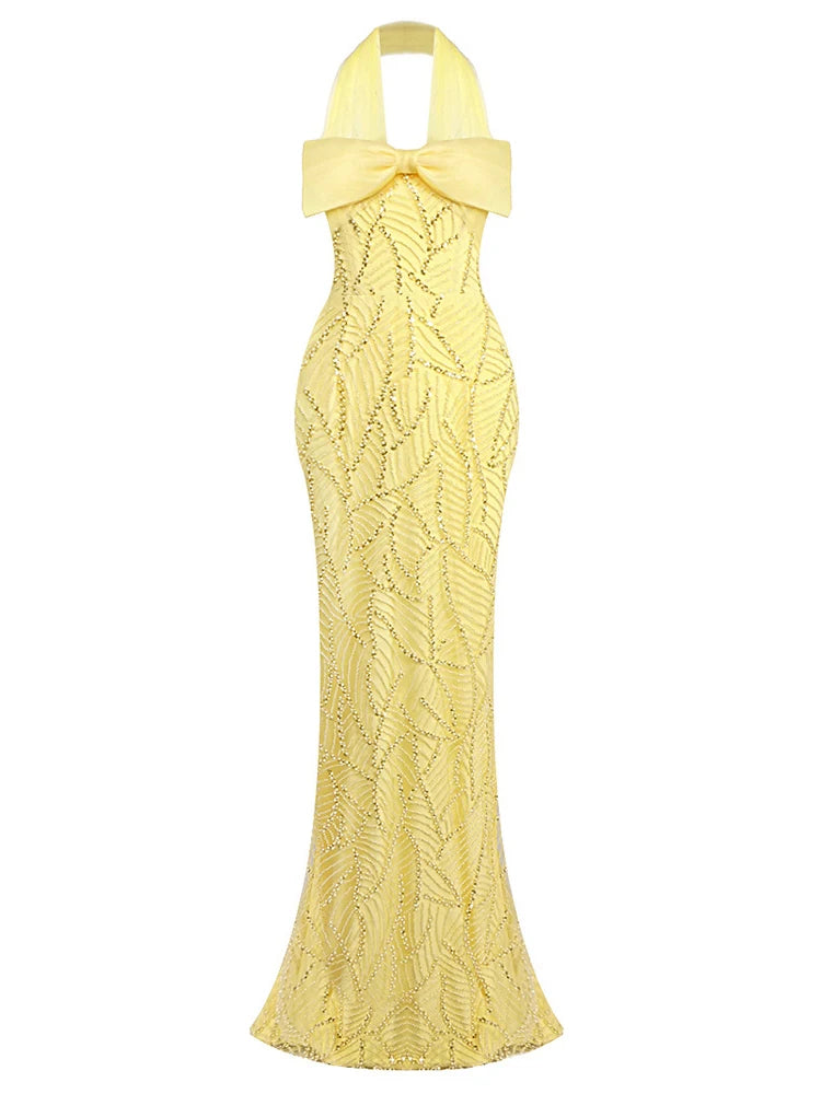 A&A Surié Halter Neck Bow Detail Beaded Embroidery Maxi Dress
