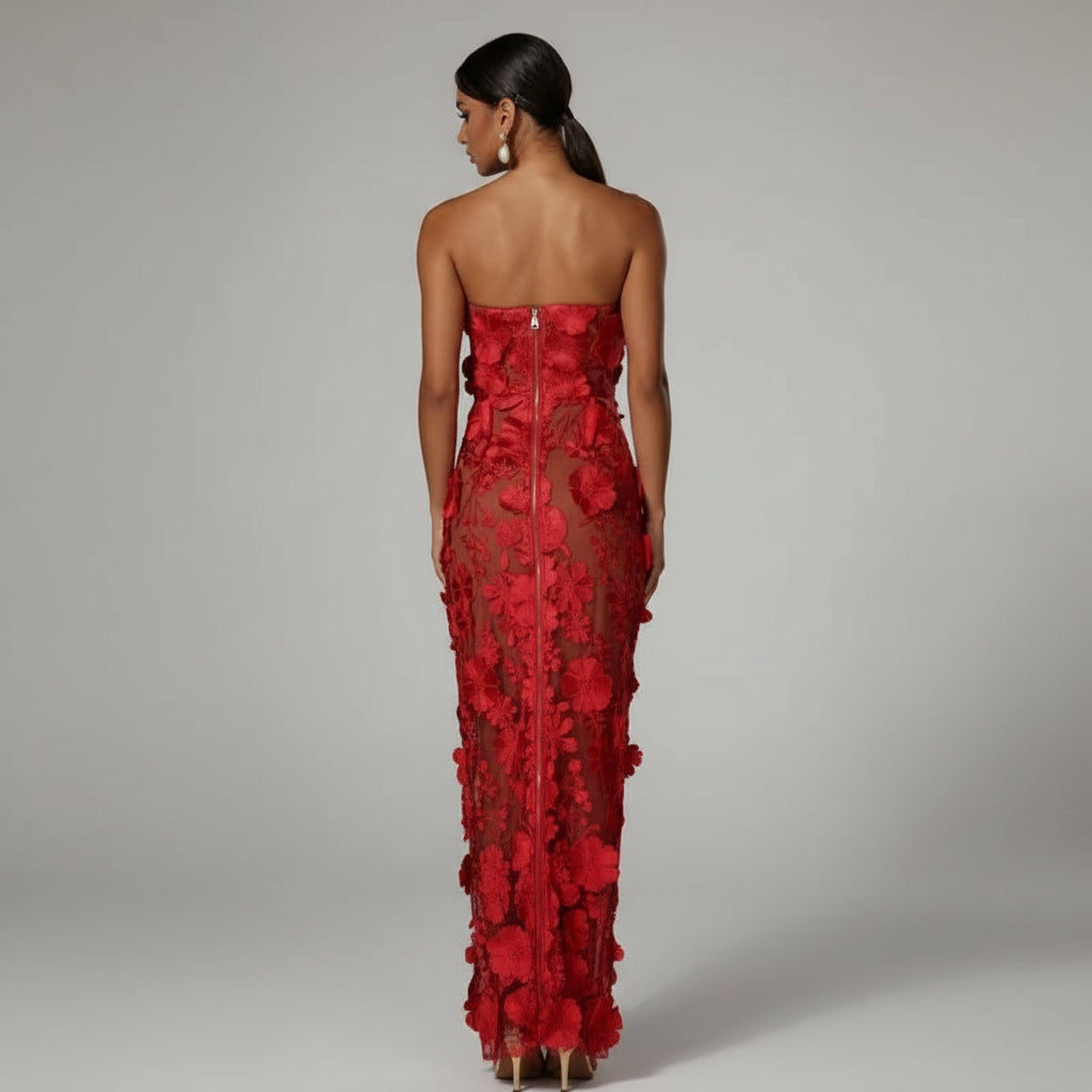 A&A Luxe Embroidered Flower Lace Mesh Strapless Dress